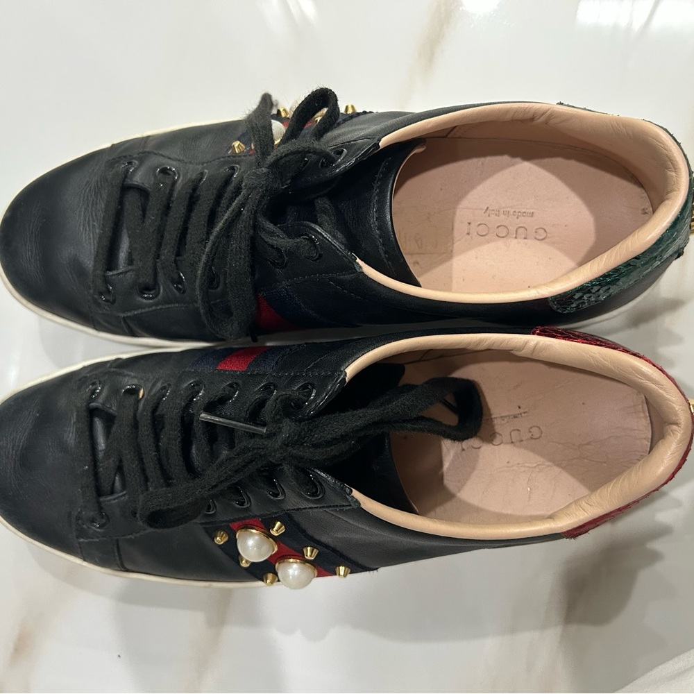 Gucci Black and Red Women's Sneakers with Pearl Accents